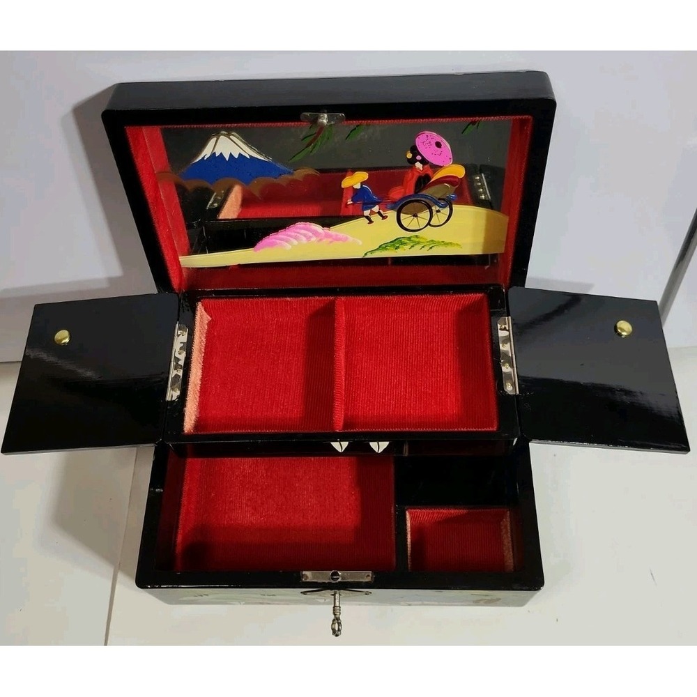 Vintage Crestline Japan Music Jewelry Box Black Lacquered Painted Mirror Locking - Picture 3 of 16